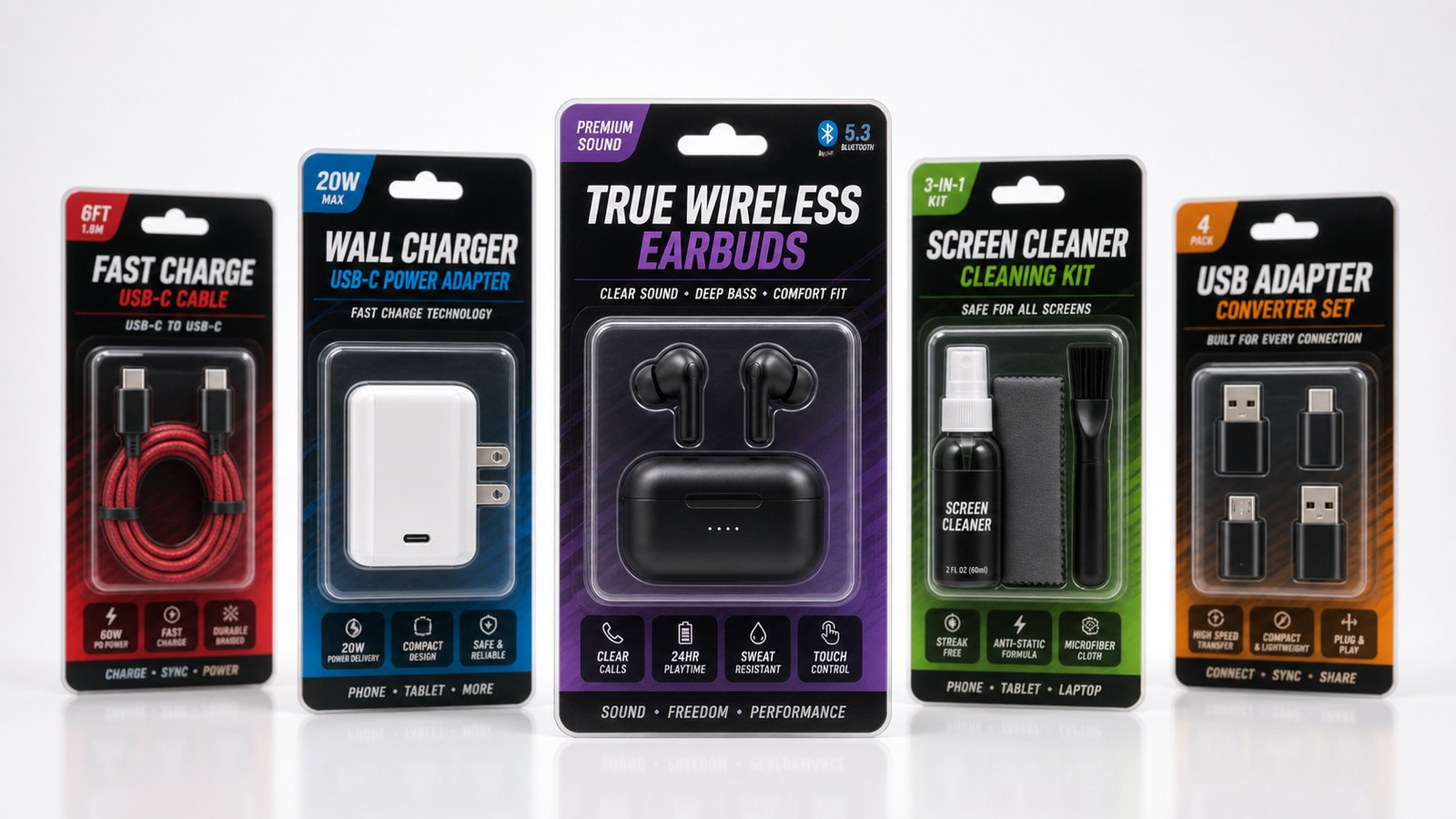 Consumer electronics accessories in retail blister packaging