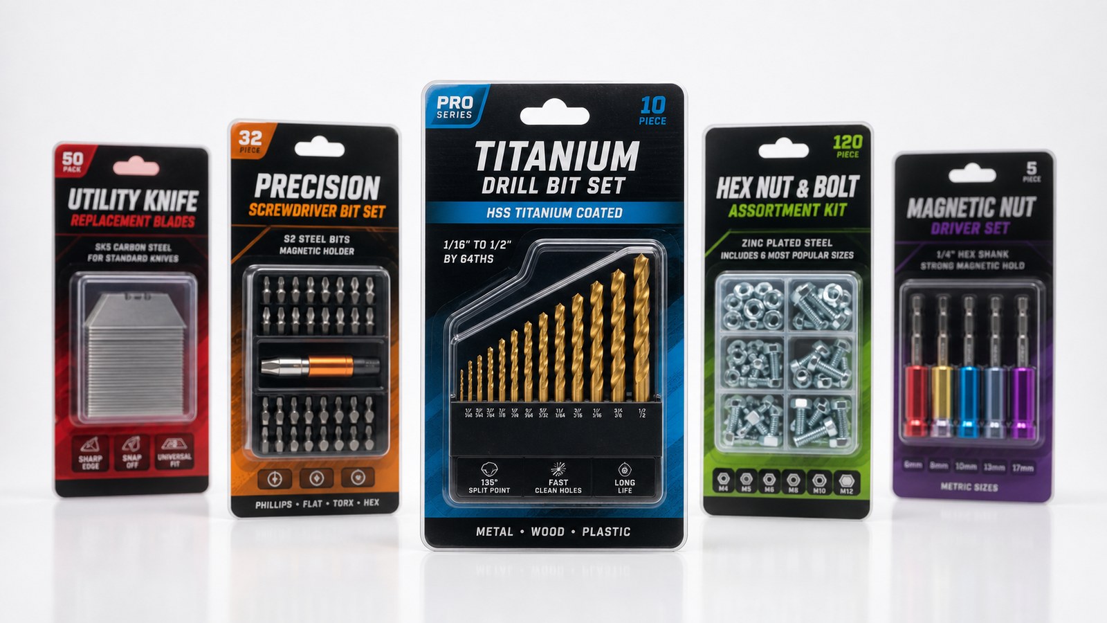 Hardware and tool accessories in retail blister packaging