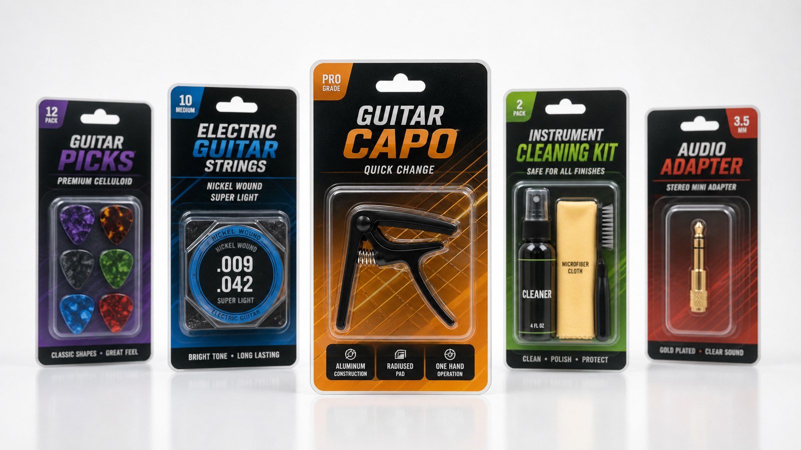 Music accessories in retail blister packaging