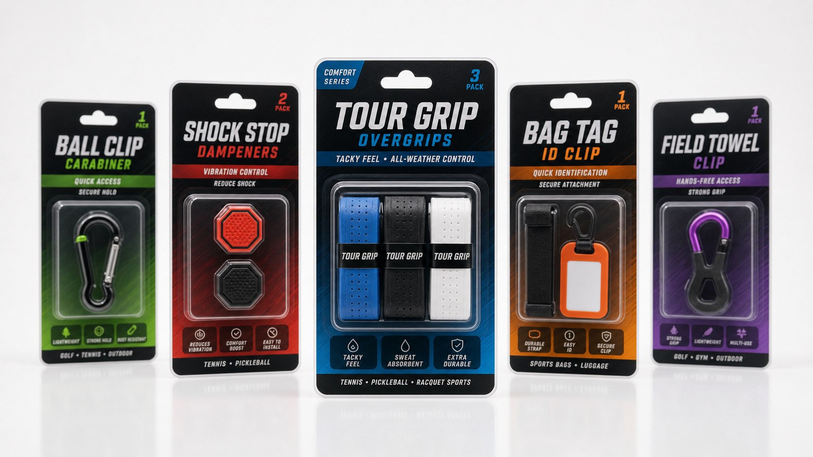 Sports and outdoor accessories in retail blister packaging