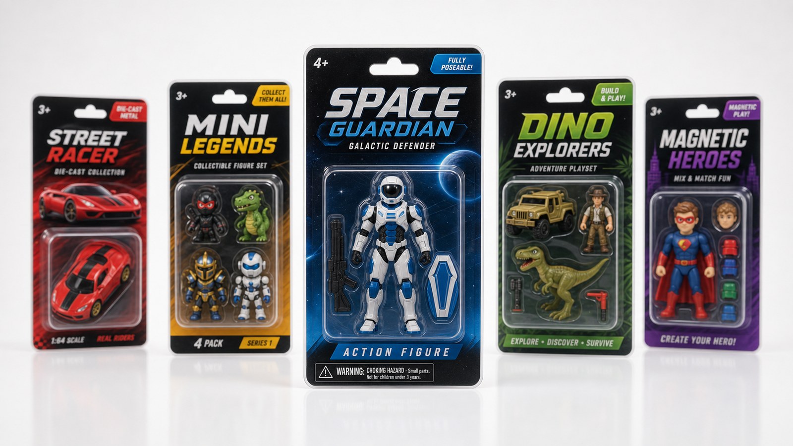 Toys and action figures in retail blister packaging