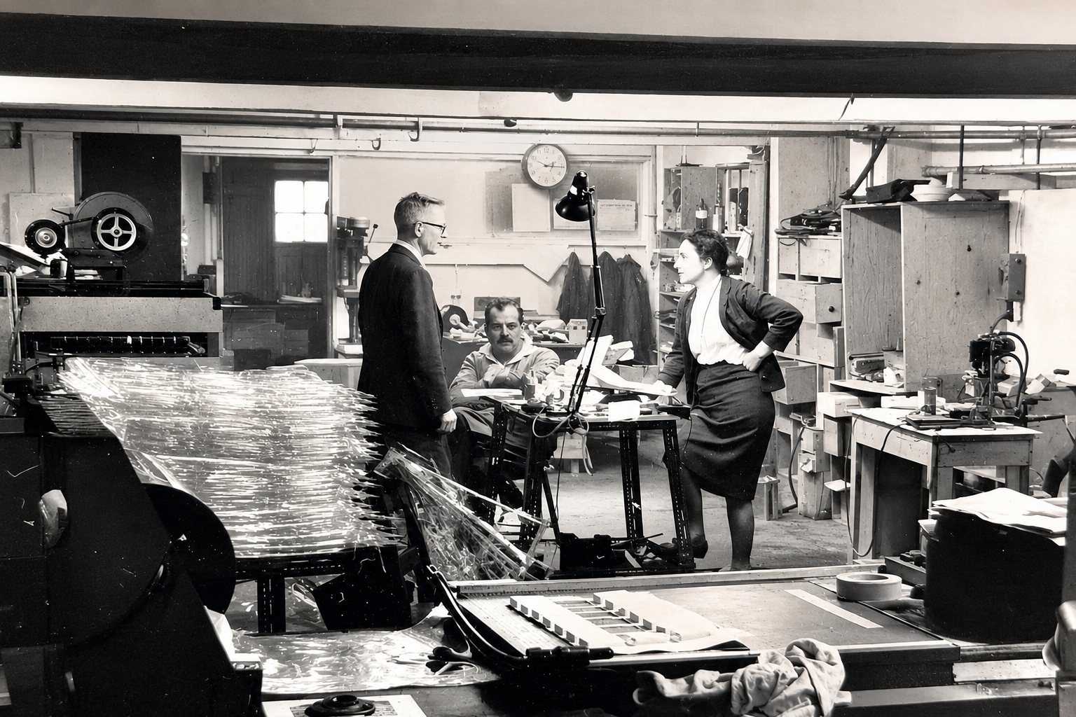 Peter Green and early business partners in a packaging workshop
